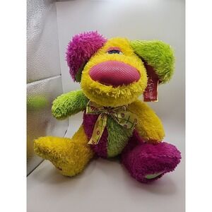 Softouch Plush Dog Colorblock Fuschia Yellow Vintage Huggable Handcrafte Tag 13"